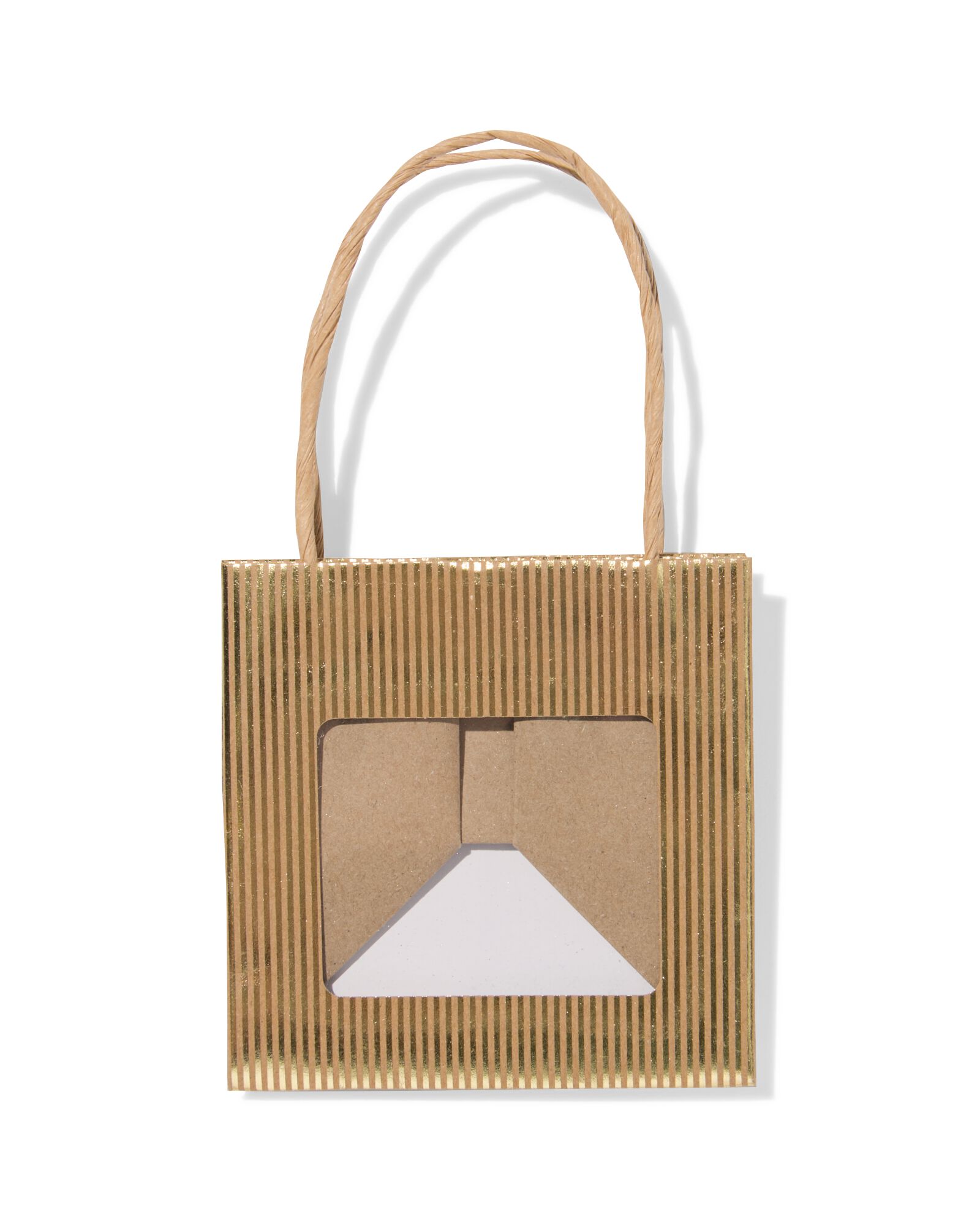 cadeautasje met venster 10x11x11cm kraft strepen goud