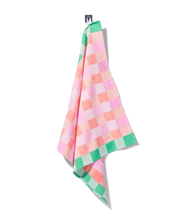 theedoek 65x65cm katoen ruiten roze - 5440010 - HEMA