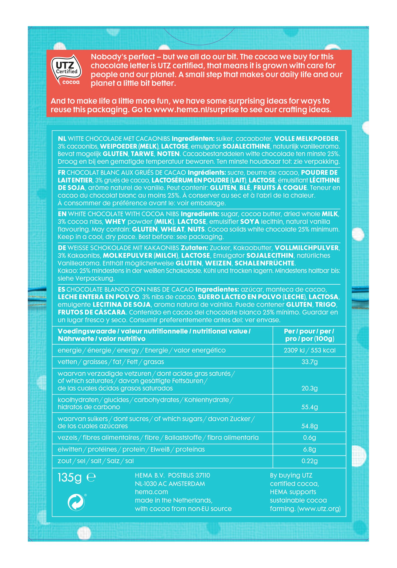 lettres en chocolat - 135 g blanc Stracciatella - 1000021649 - HEMA