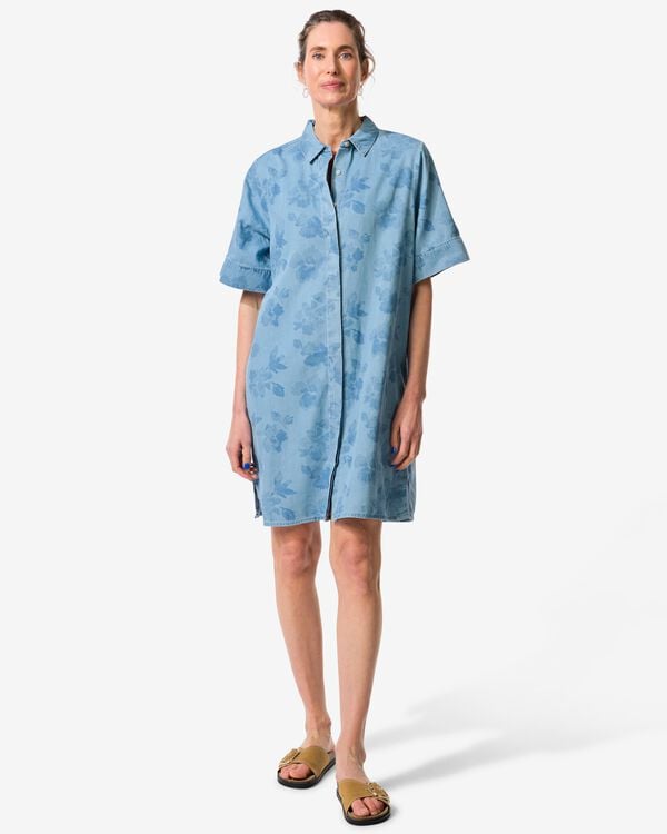 damesjurk wijd bloemen denim denim - 36208770DENIM - HEMA