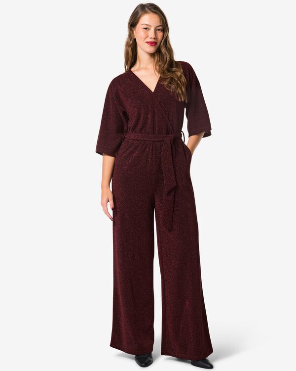 damesjumpsuit Esther met overslag glitter bordeauxrood bordeauxrood - 36206140BURGUNDYRED - HEMA