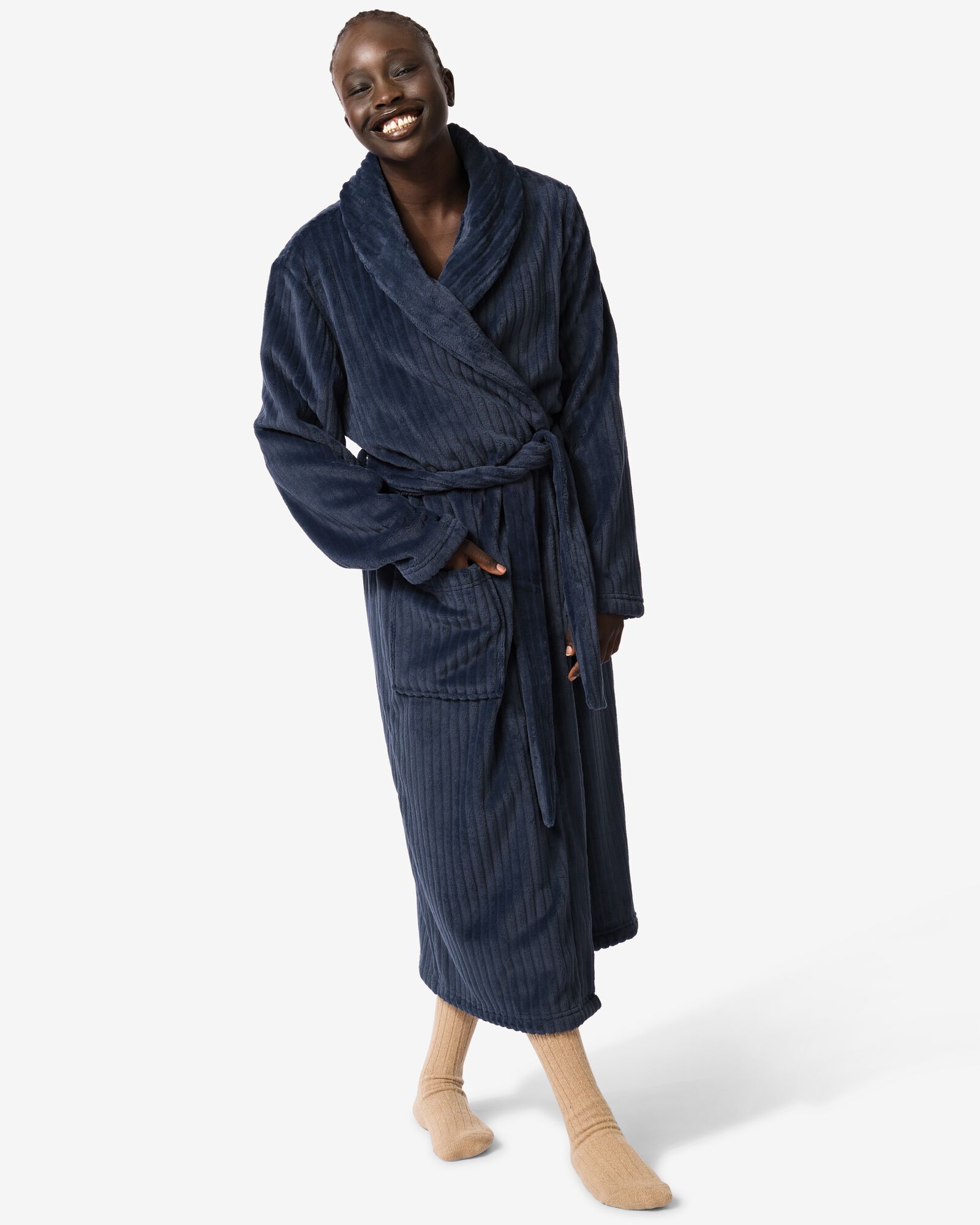 badjas rib fleece donkerblauw donkerblauw - 23450050DARKBLUE - HEMA