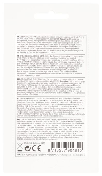 câble chargeur USB 8 broches - 39630148 - HEMA