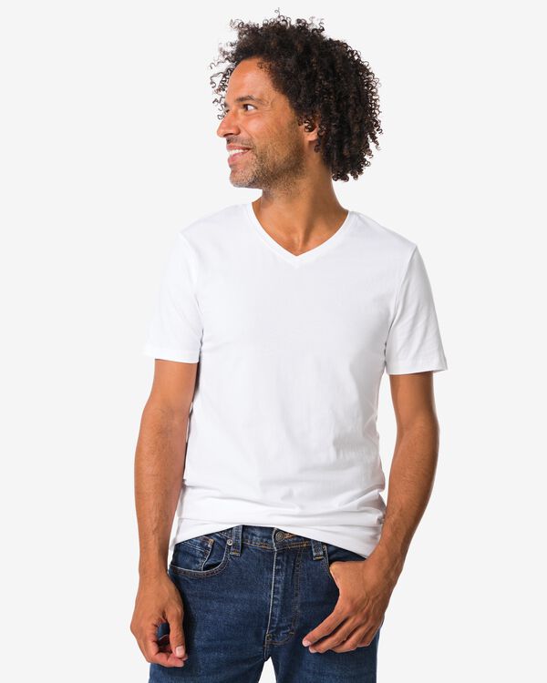 heren T-shirts slimfit v-hals extra lang - 2 stuks wit wit - 34290640WHITE - HEMA