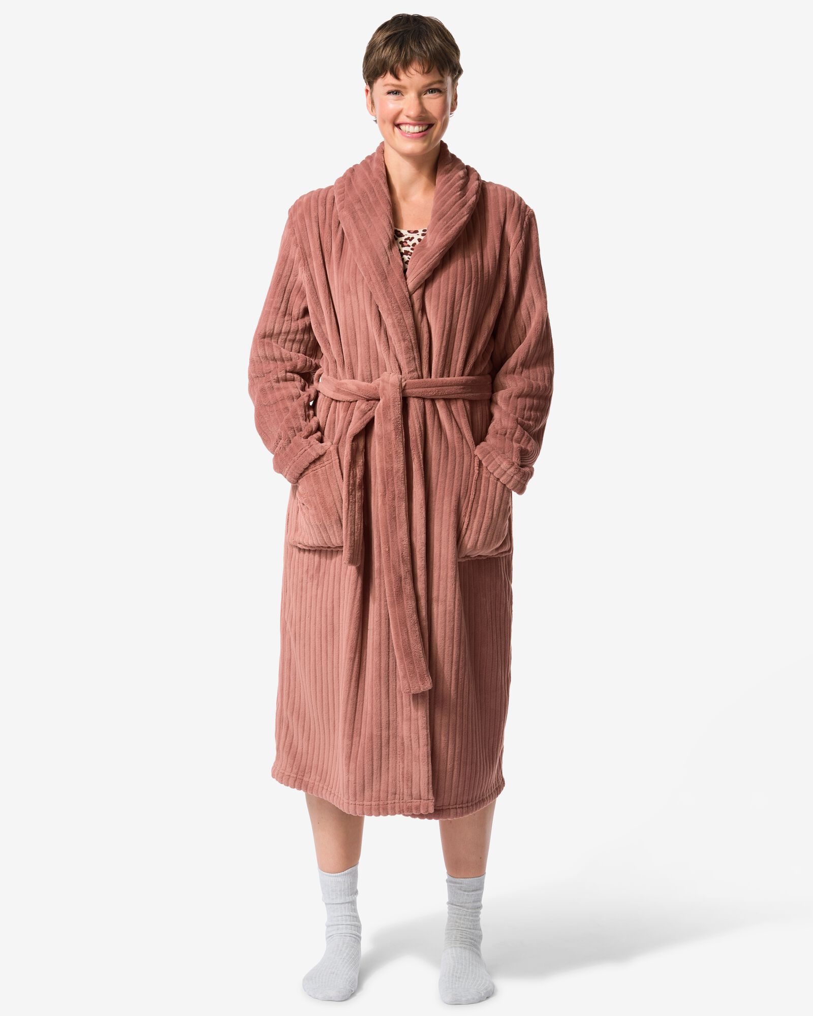 dames badjas rib fleece middenbruin - 23401200MIDBROWN - HEMA