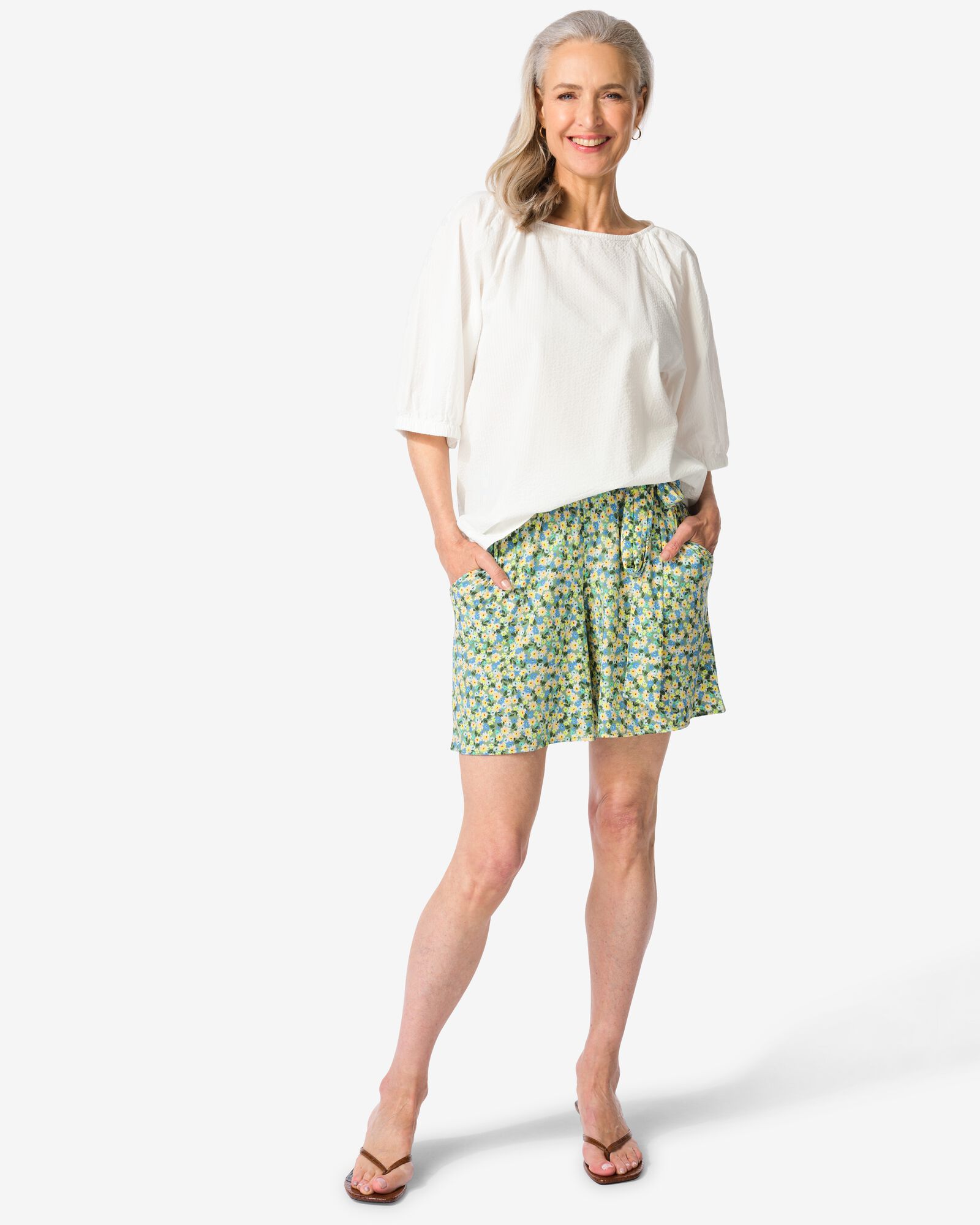 Damenshorts Remmy mit weitem Bein, Blumen limettengr&uuml;n - 36238955LIME - HEMA