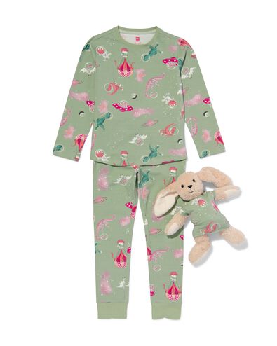 Kinder-Pyjama mit Puppen-Nachthemd, Dinosaurier hellgrün 122/128 - 23070683 - HEMA