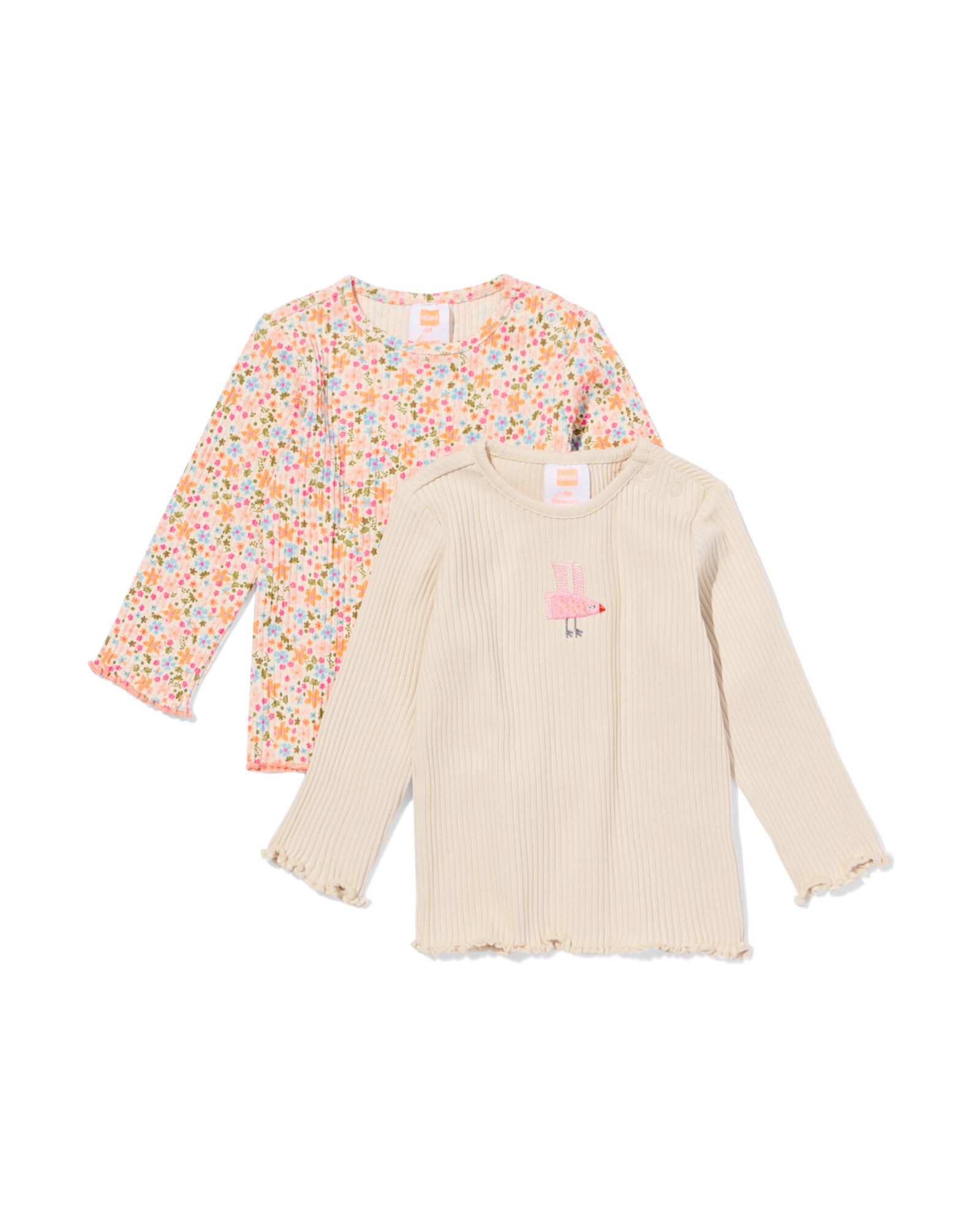baby T-shirts rib bloemen - 2 stuks ecru ecru - 33059970ECRU - HEMA