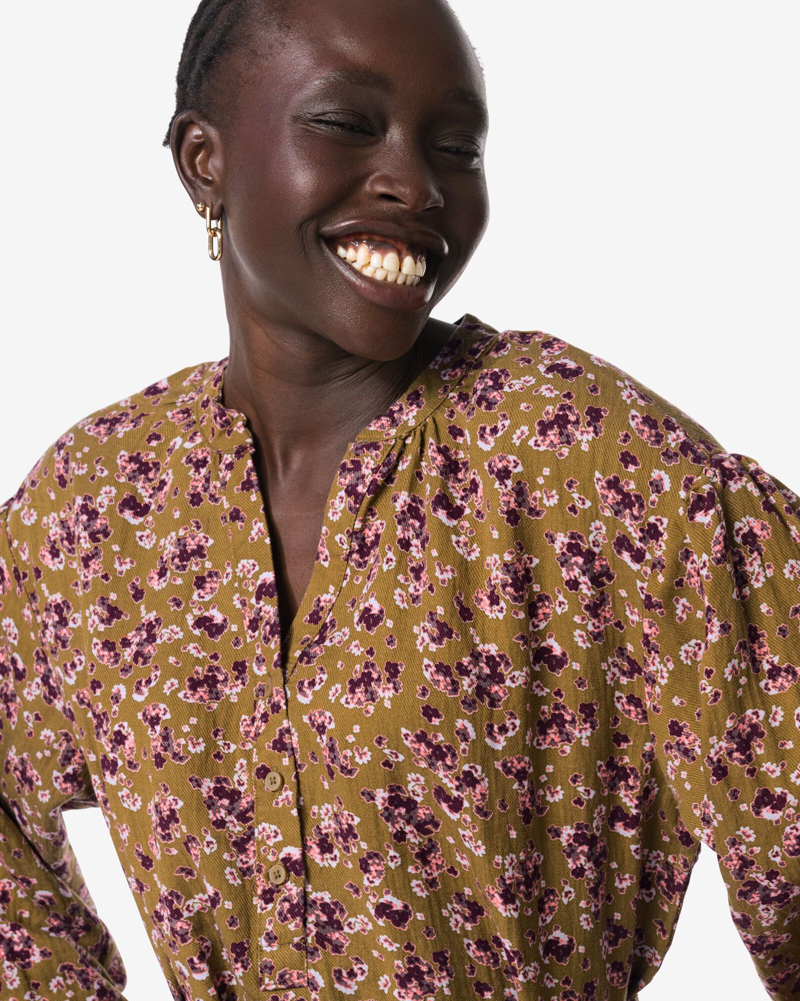 damesjurk Inez bloemen khaki khaki - 36207630KHAKI - HEMA