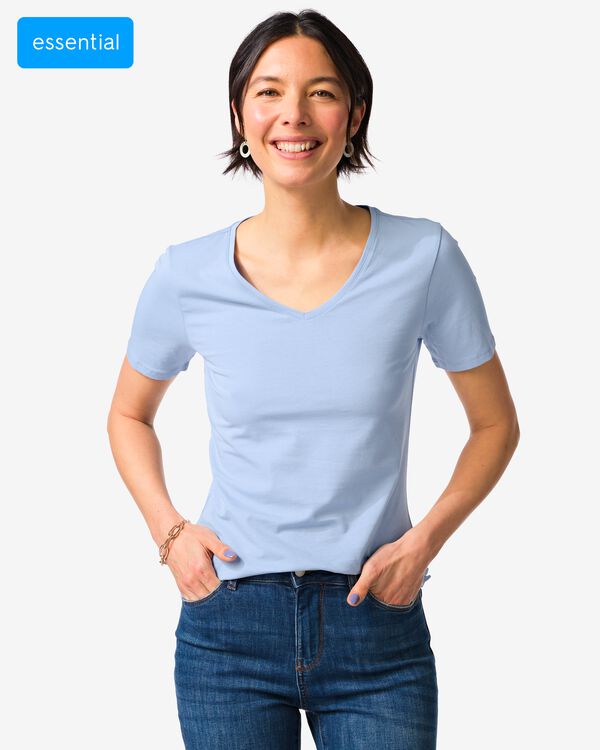 dames T-shirt slim fit v-hals lichtblauw lichtblauw - 36310780LIGHTBLUE - HEMA