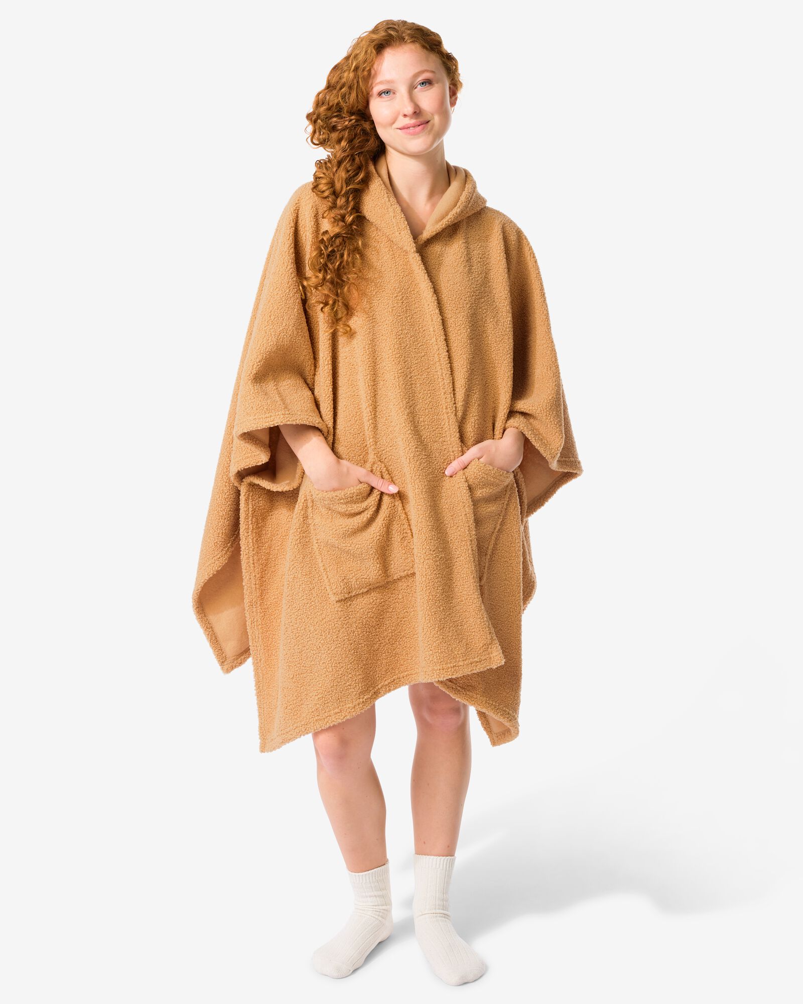 dames bankponcho one size met capuchon en zakken lichtbruin - 61100240 - HEMA