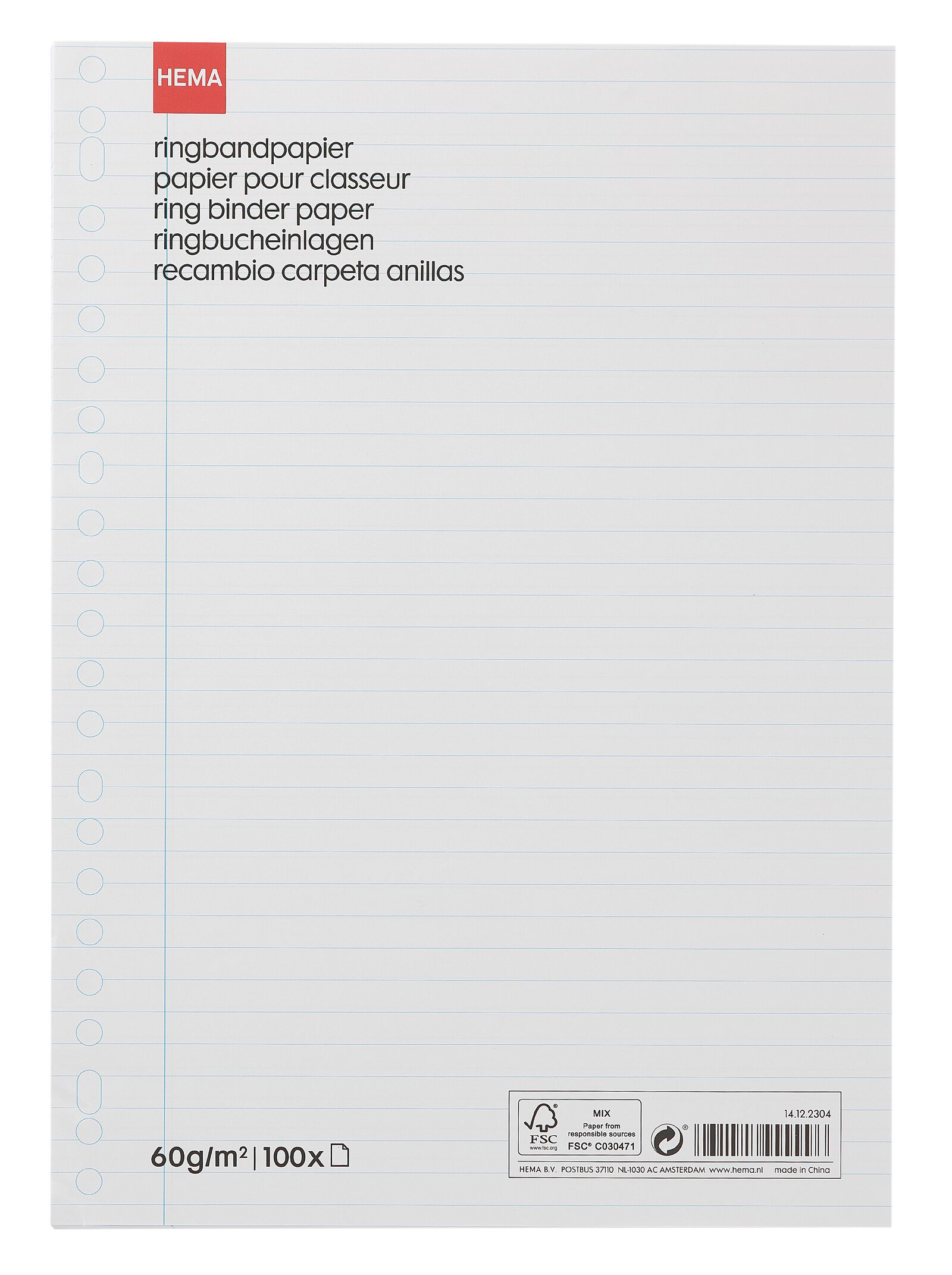 100-pak ringbandpapier gelinieerd 23rings - 14122304 - HEMA
