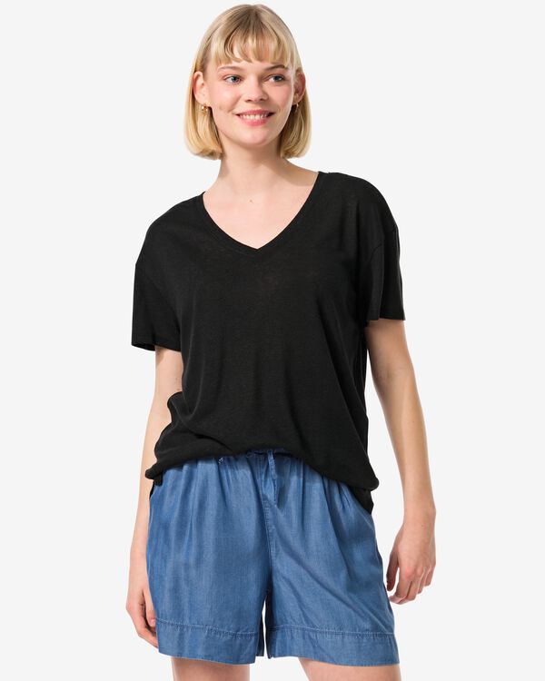 Damen-T-Shirt Evie, mit Leinenanteil schwarz schwarz - 36263550BLACK - HEMA