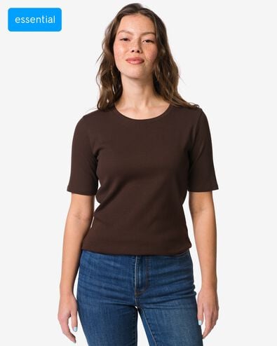 dames T-shirt Clara regular fit rib donkerbruin donkerbruin - 36304290DARKBROWN - HEMA
