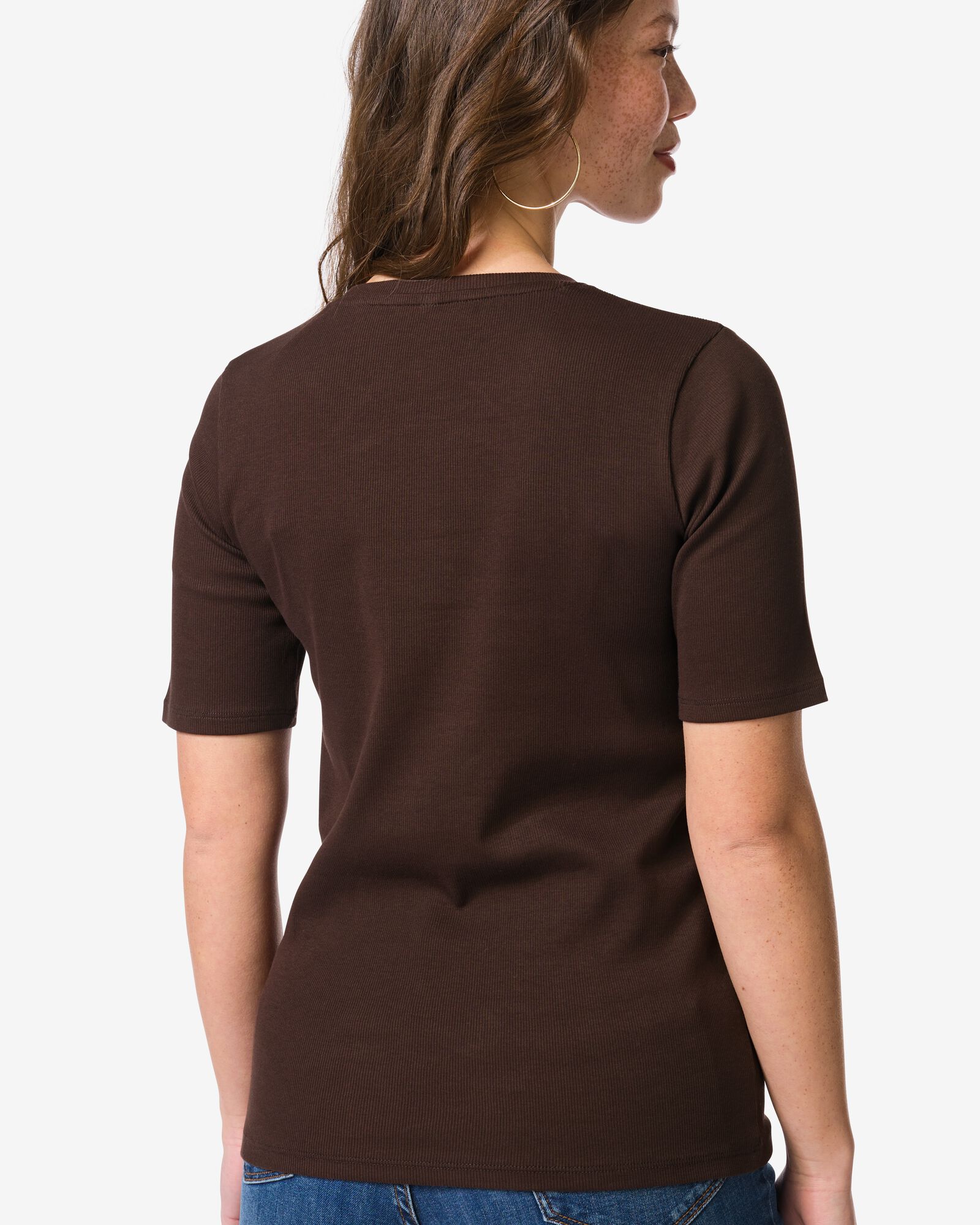 dames T-shirt Clara regular fit rib donkerbruin donkerbruin - 36304290DARKBROWN - HEMA