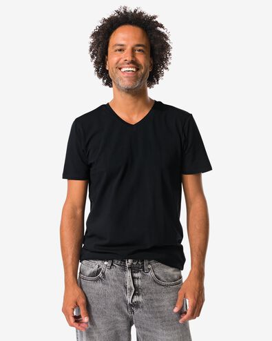 heren T-shirts slimfit v-hals - 2 stuks zwart zwart - 34290630BLACK - HEMA