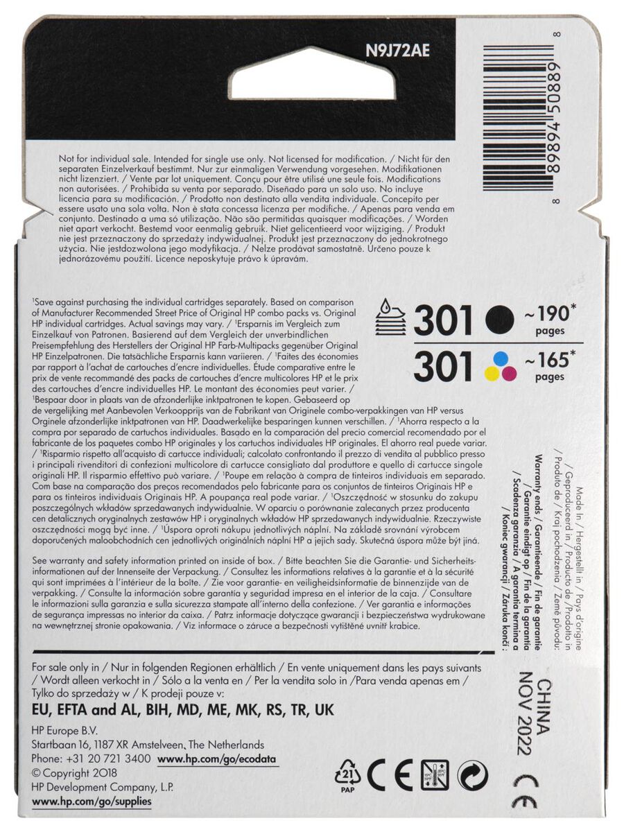 2er-Pack Druckerpatronen HP 301, schwarz/farbig - 38300101 - HEMA