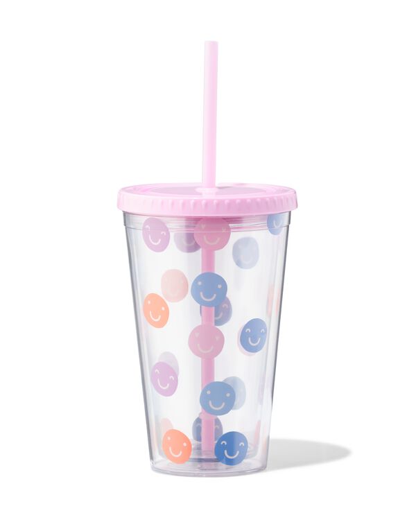 drinkbeker met rietje 450ml gezichtjes - 61130102 - HEMA