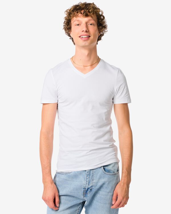 t-shirt homme slimfit col en V - lot de 2 blanc blanc - 34290620WHITE - HEMA