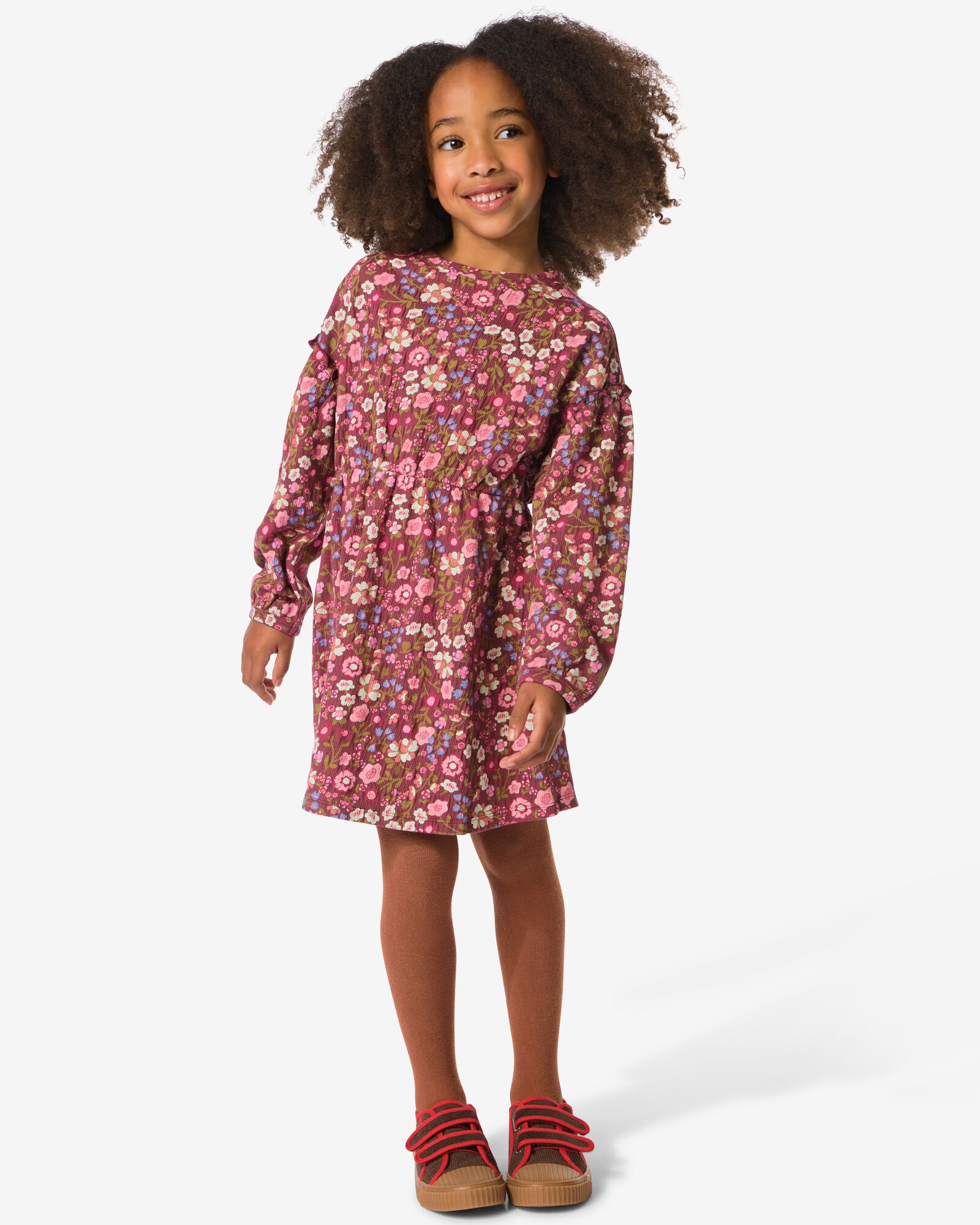 kinderjurk a-lijn rib bloemen lichtbruin lichtbruin - 30828702LIGHTBROWN - HEMA