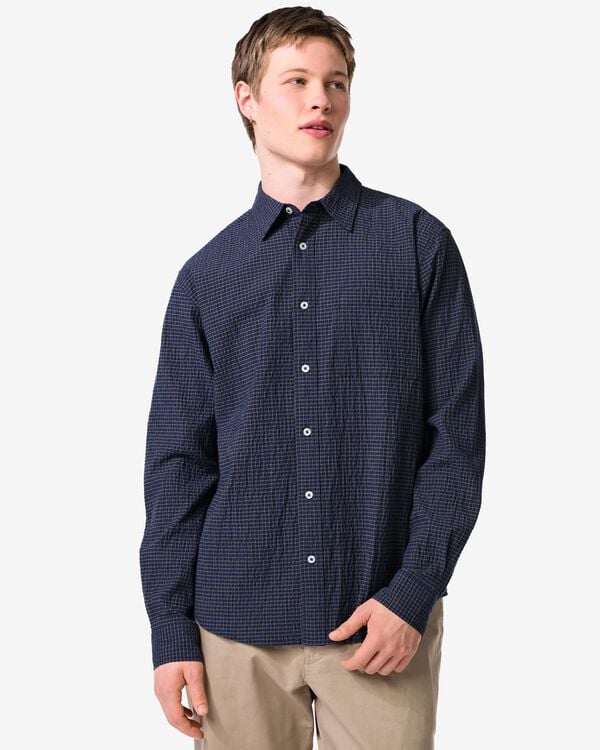 herenoverhemd Maurice seersucker blokken donkerblauw donkerblauw - 2140010DARKBLUE - HEMA