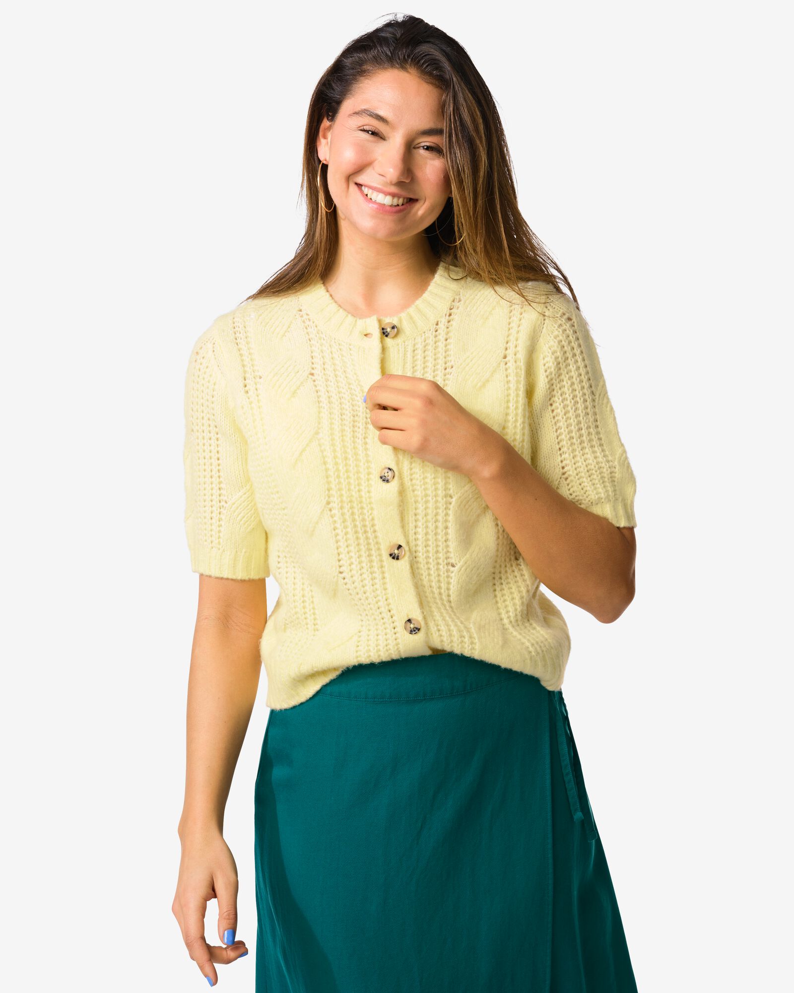 Damenstrickjacke Foxi, Feinstrick-Zopfmuster gelb gelb - 36207340YELLOW - HEMA