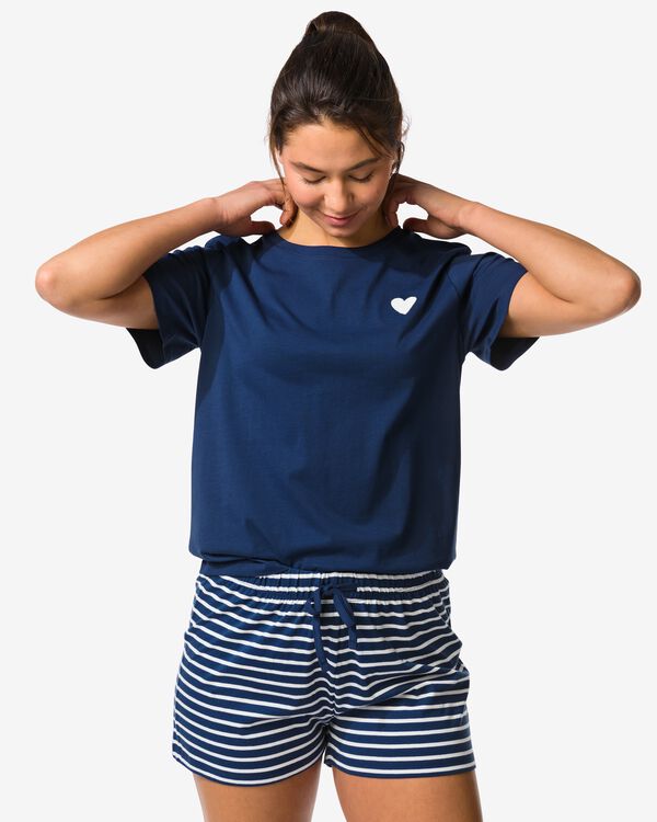 Damen-Kurz-Pyjama Pax, Jersey mit Streifen dunkelblau dunkelblau - 23401500DARKBLUE - HEMA