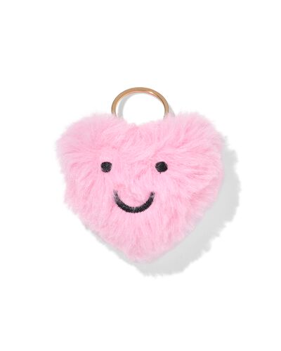 sleutelhanger 6x2.5cm fluffy hartvorm met gezichtje roze - 61100270 - HEMA