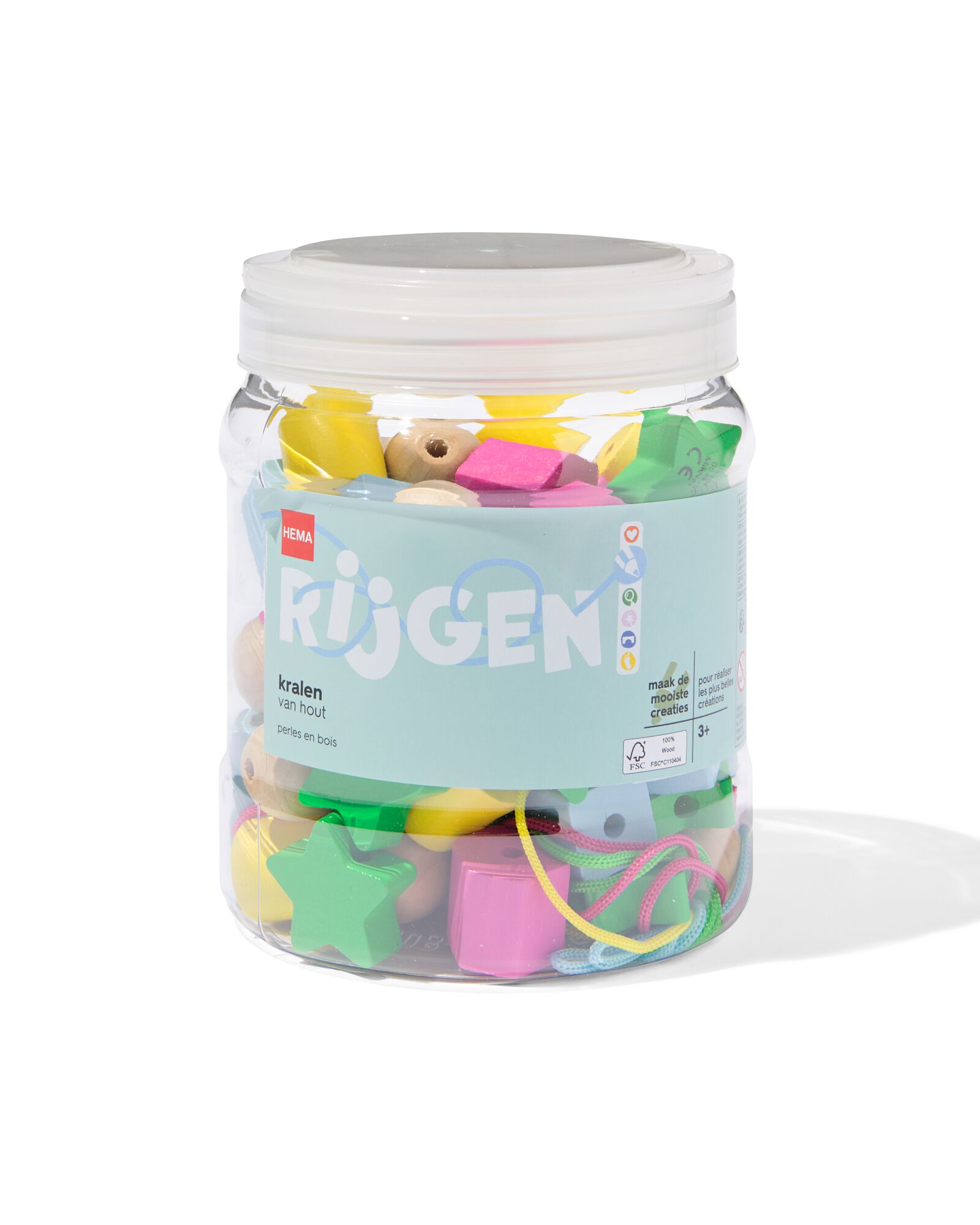 Seau de perles en bois avec ficelle - 70 pièces - 15100577 - HEMA
