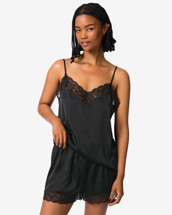 Damenpyjama aus Satin mit Spitze schwarz schwarz - 23404640BLACK - HEMA