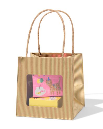 cadeautasje met venster 10x11x11cm kraft strepen goud - 61100427 - HEMA