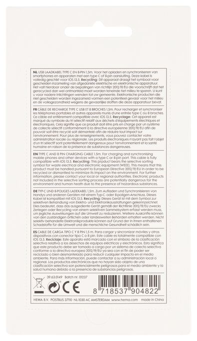 c&acirc;ble chargeur 8 broches et type C - 39630149 - HEMA