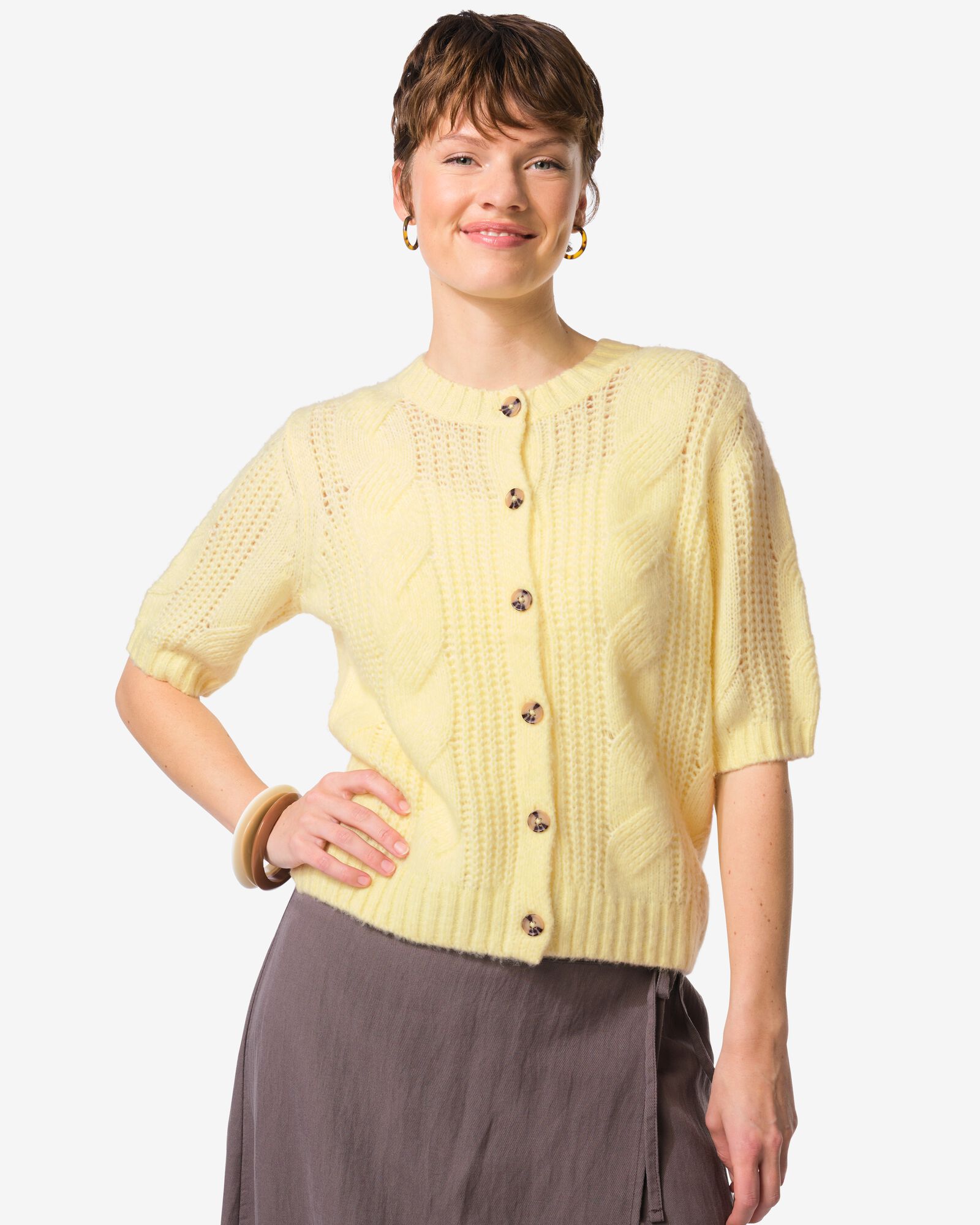 damesvest Foxi fijngebreid kabel geel geel - 36207340YELLOW - HEMA