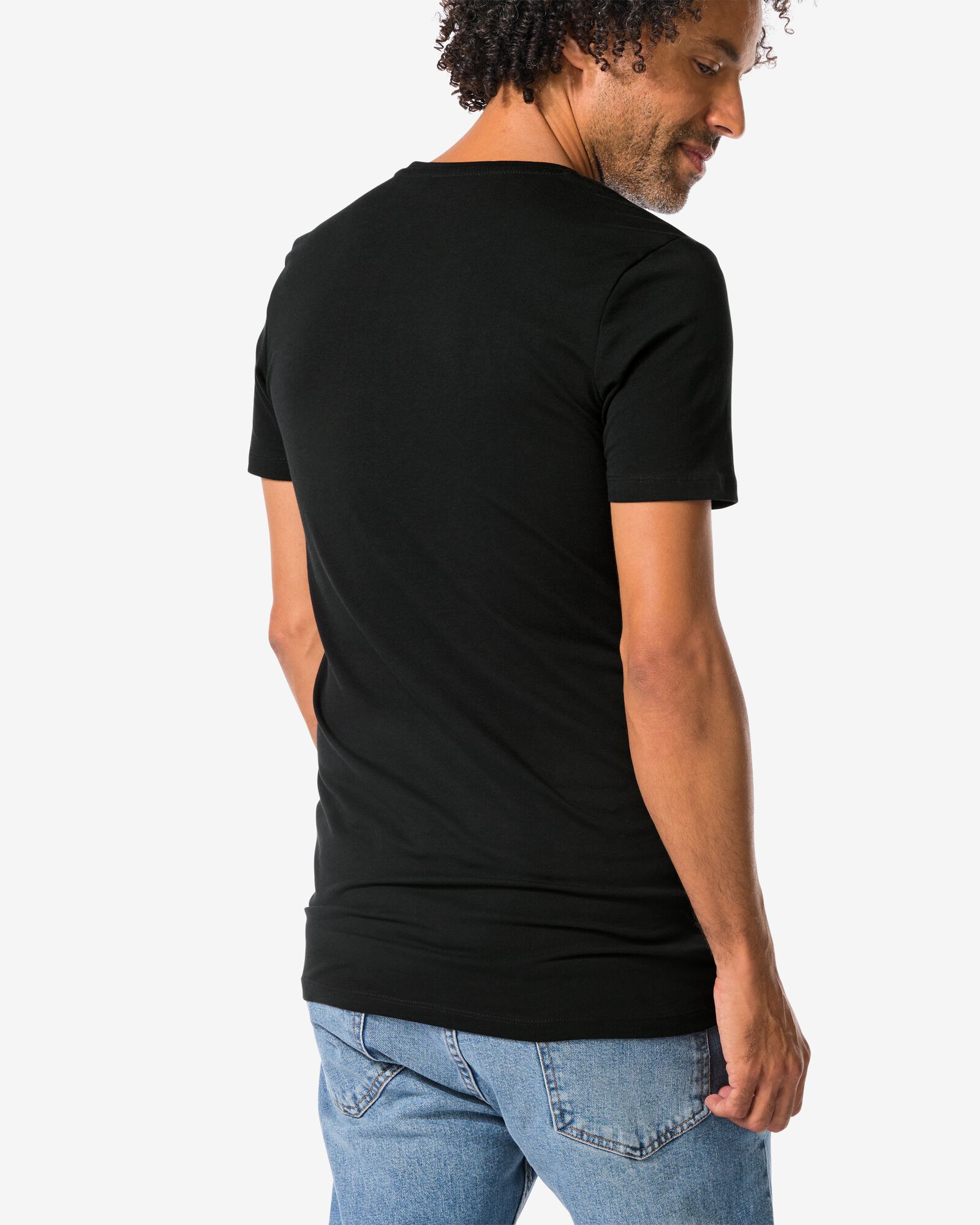 heren T-shirts slimfit v-hals extra lang - 2 stuks zwart zwart - 34290650BLACK - HEMA