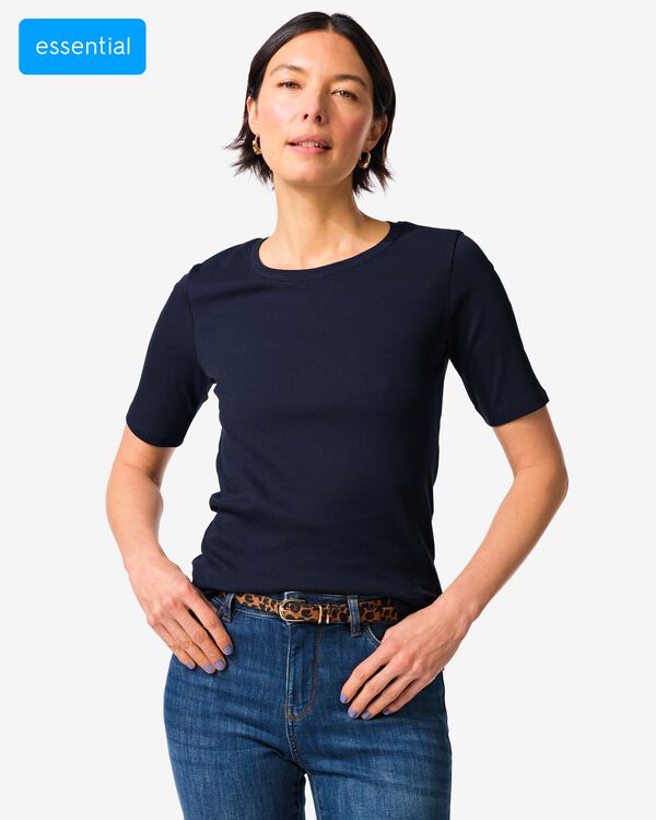 Damen-T-Shirt Clara, normale Passform, gerippt dunkelblau dunkelblau - 36310720DARKBLUE - HEMA