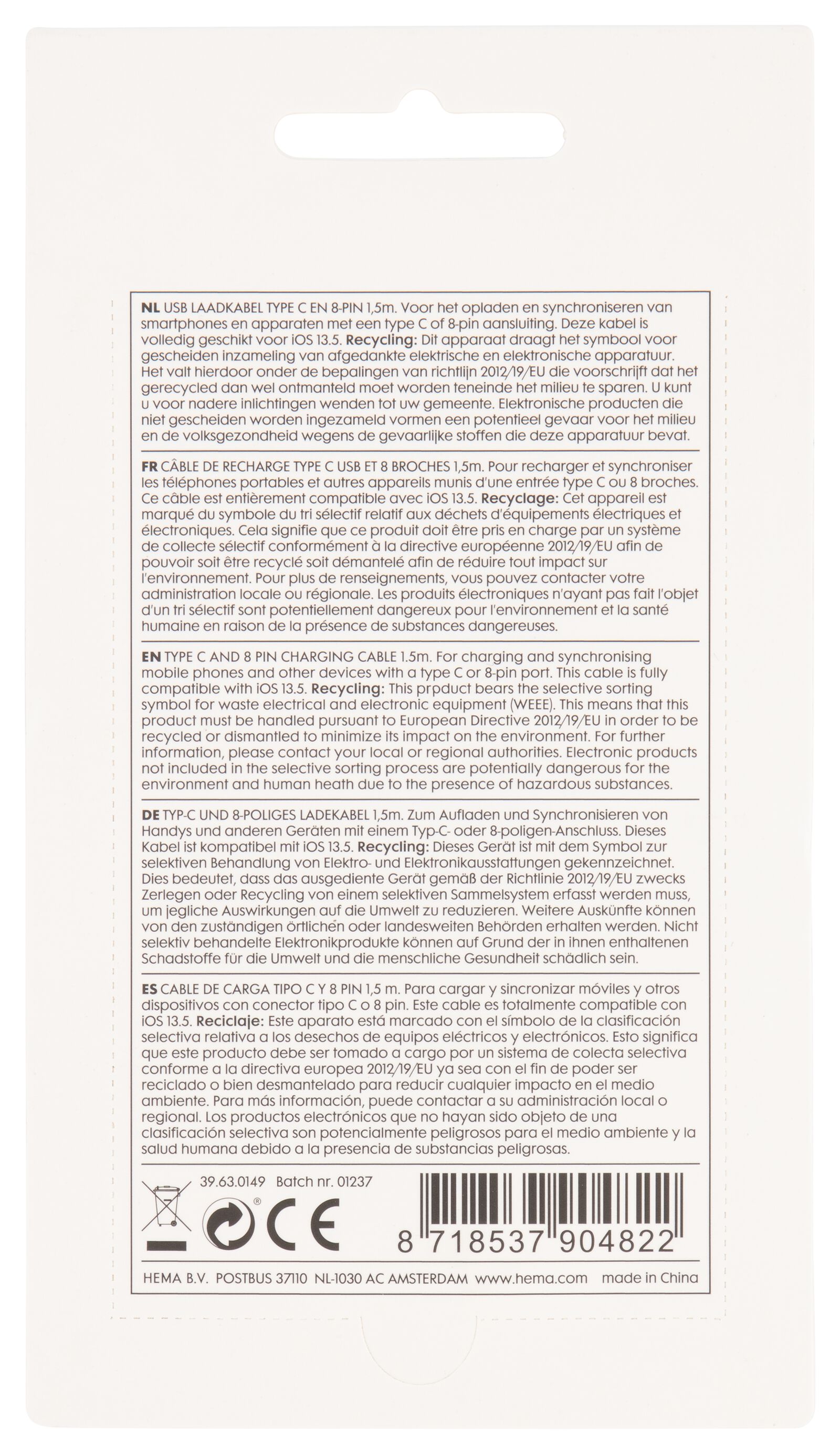 c&acirc;ble chargeur 8 broches et type C - 39630149 - HEMA