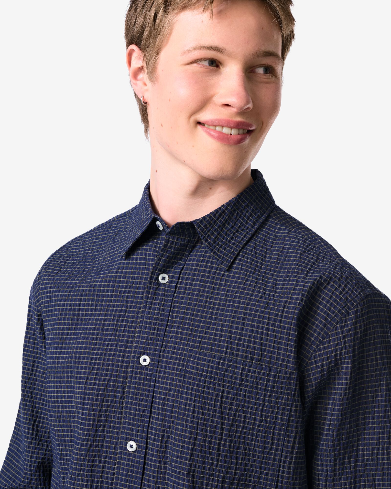 herenoverhemd Maurice seersucker blokken donkerblauw donkerblauw - 2140010DARKBLUE - HEMA
