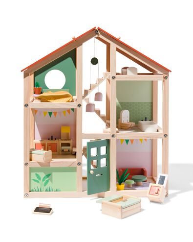 Maison de poupée avec mobilier et 3 poupées en bois - Maison de poupée -  Achat & prix