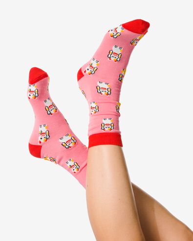 sokken met katoen lucky cat roze 35/38 - 4141126 - HEMA