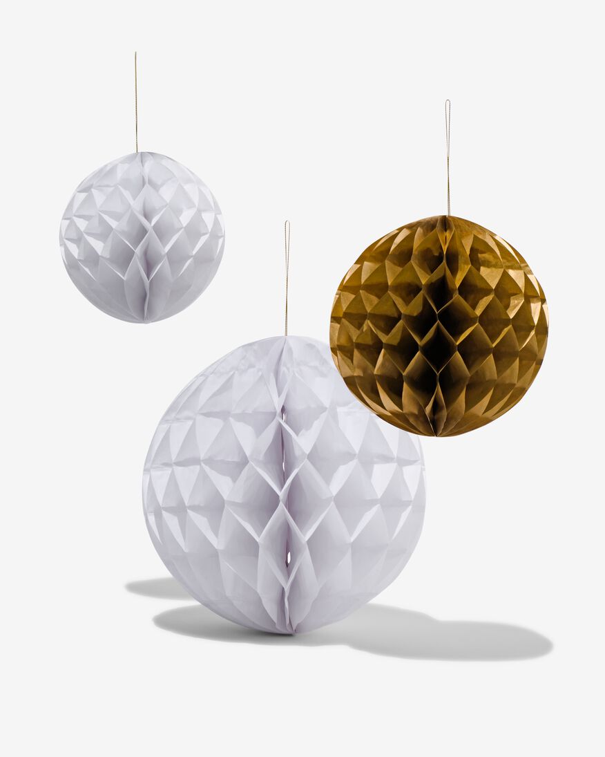 3 décorations en papier alvéolé ballon blanc doré - 14230204 - HEMA