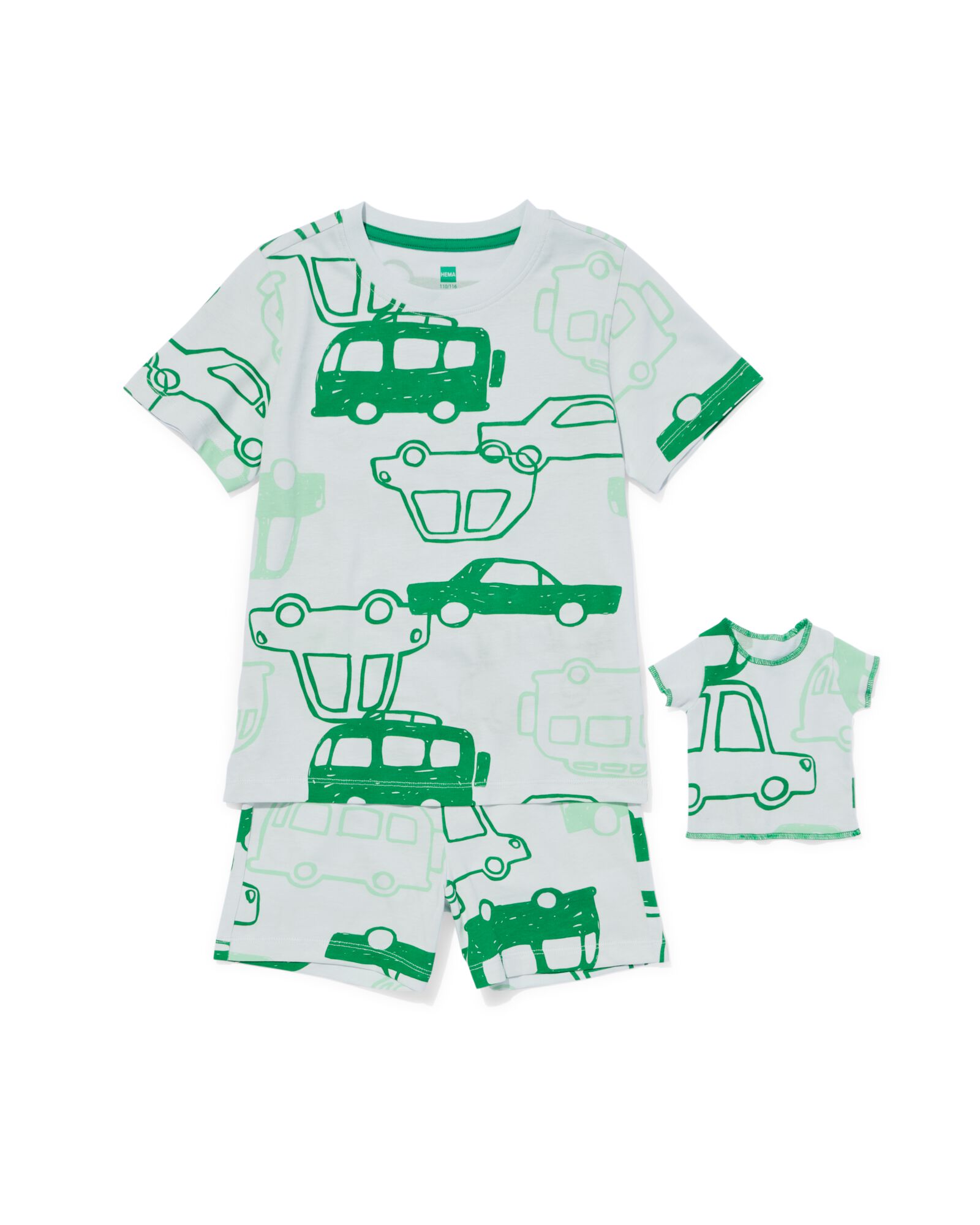 Kinder-Kurz-Pyjama Auto + Puppen-Pyjama hellblau - 23040880LIGHTBLUE - HEMA