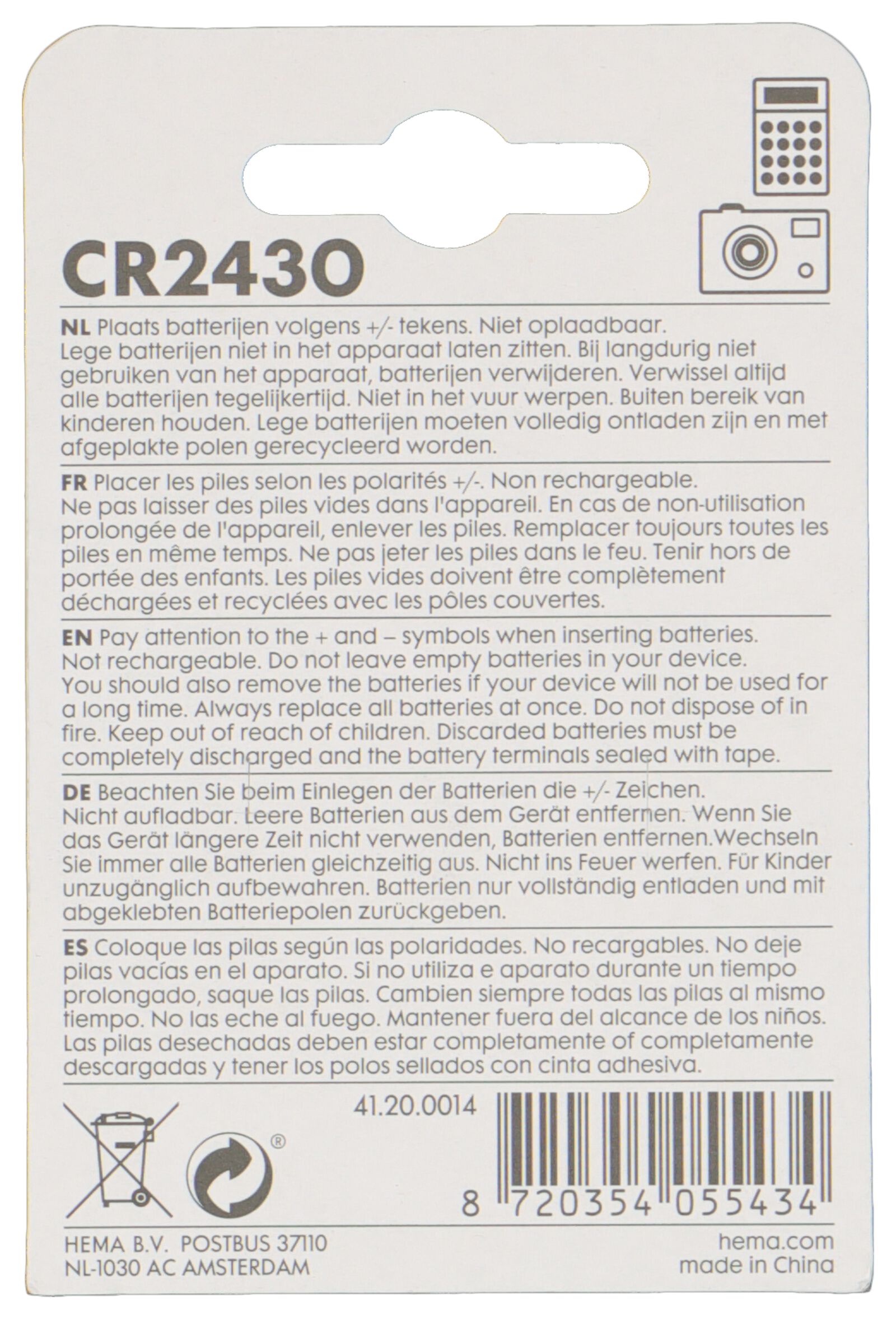 CR2430 lithium batterijen - 2 stuks - 41200014 - HEMA