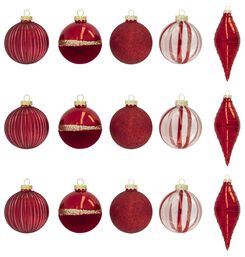 glazen kerstballen set rood - 15 stuks - 25130010 - HEMA