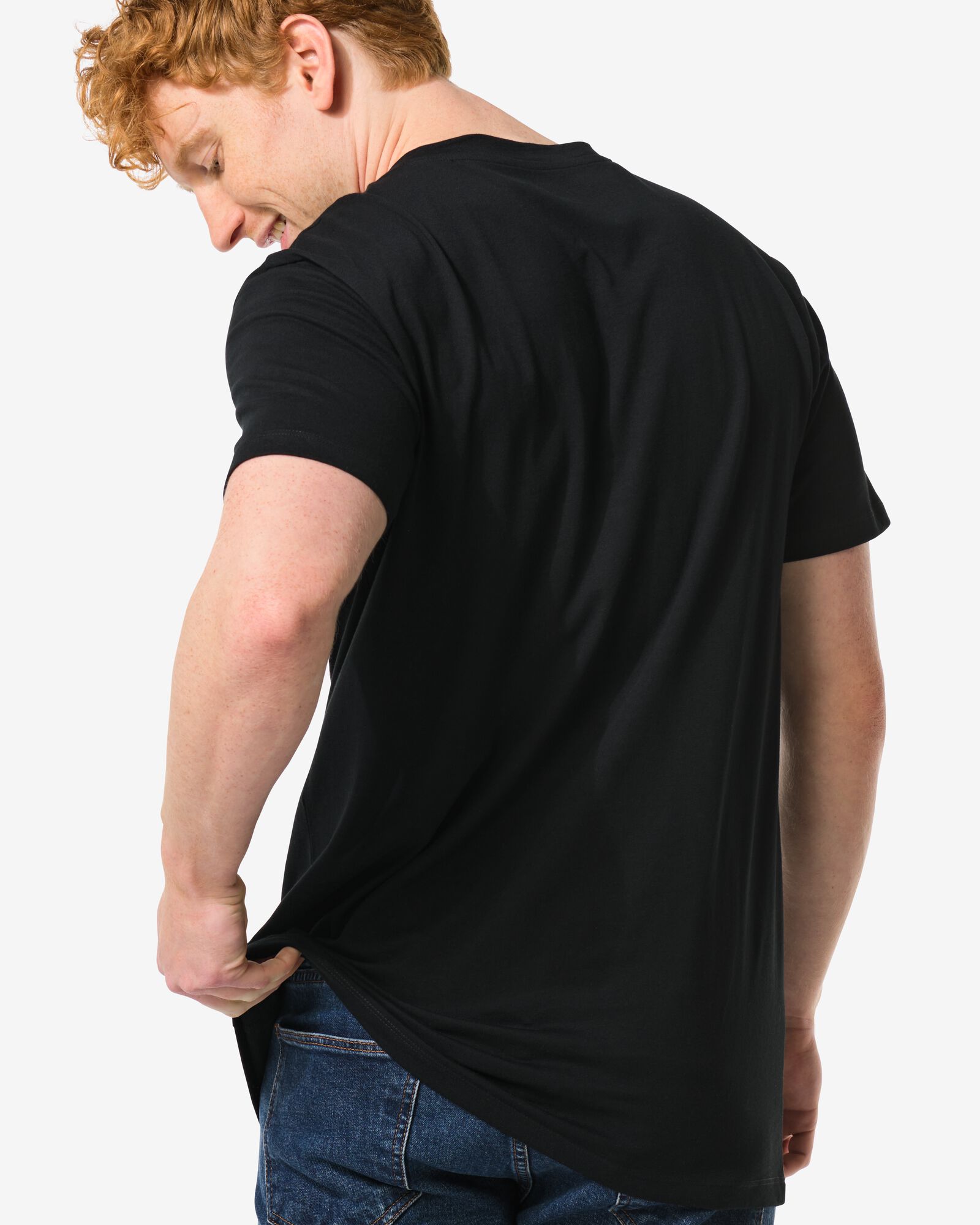 heren t-shirt regular fit o-hals extra lang - 2 stuks zwart zwart - 1000009971 - HEMA