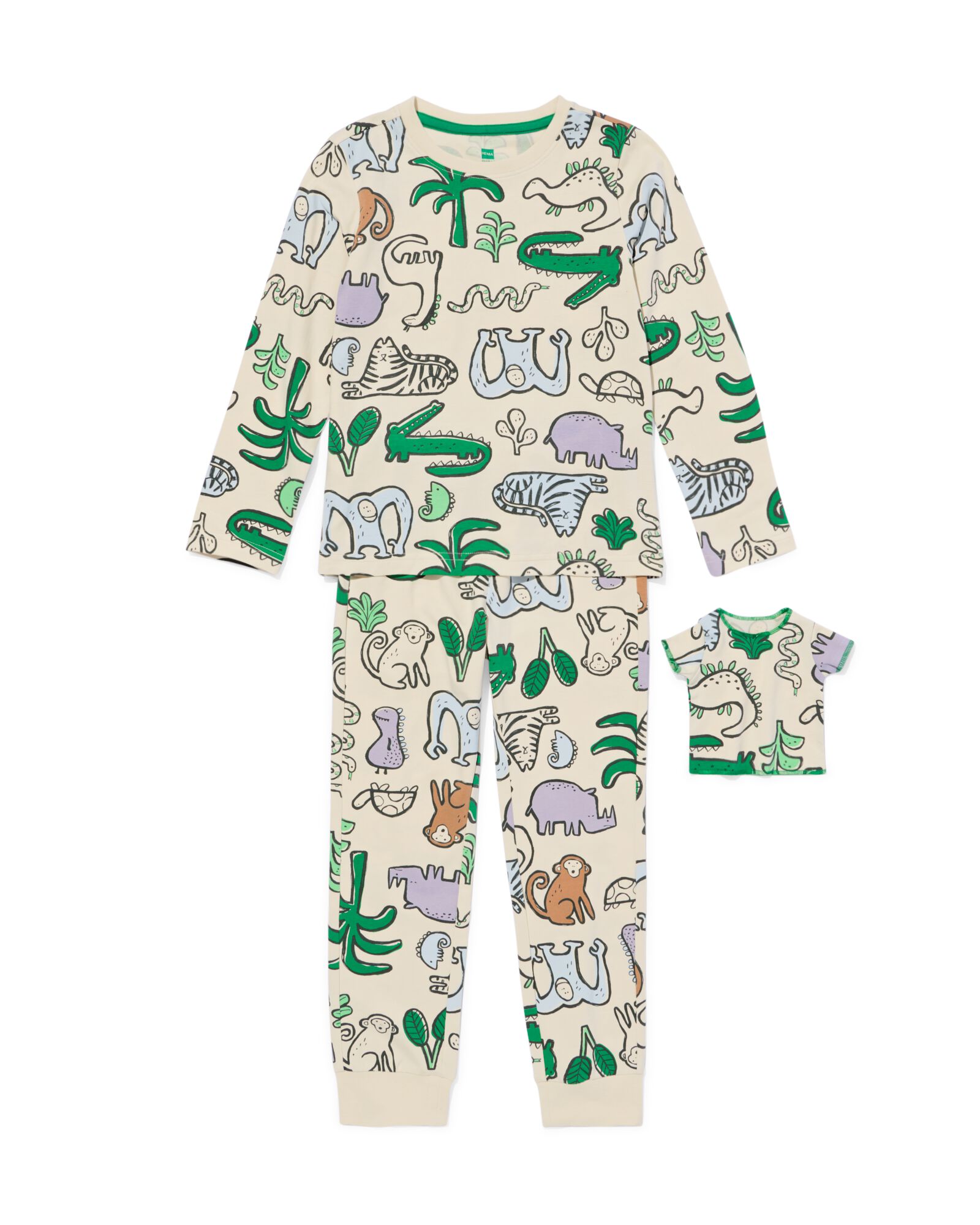 kinderpyjama jungle + poppenpyjama gebroken wit - 23030980OFFWHITE - HEMA