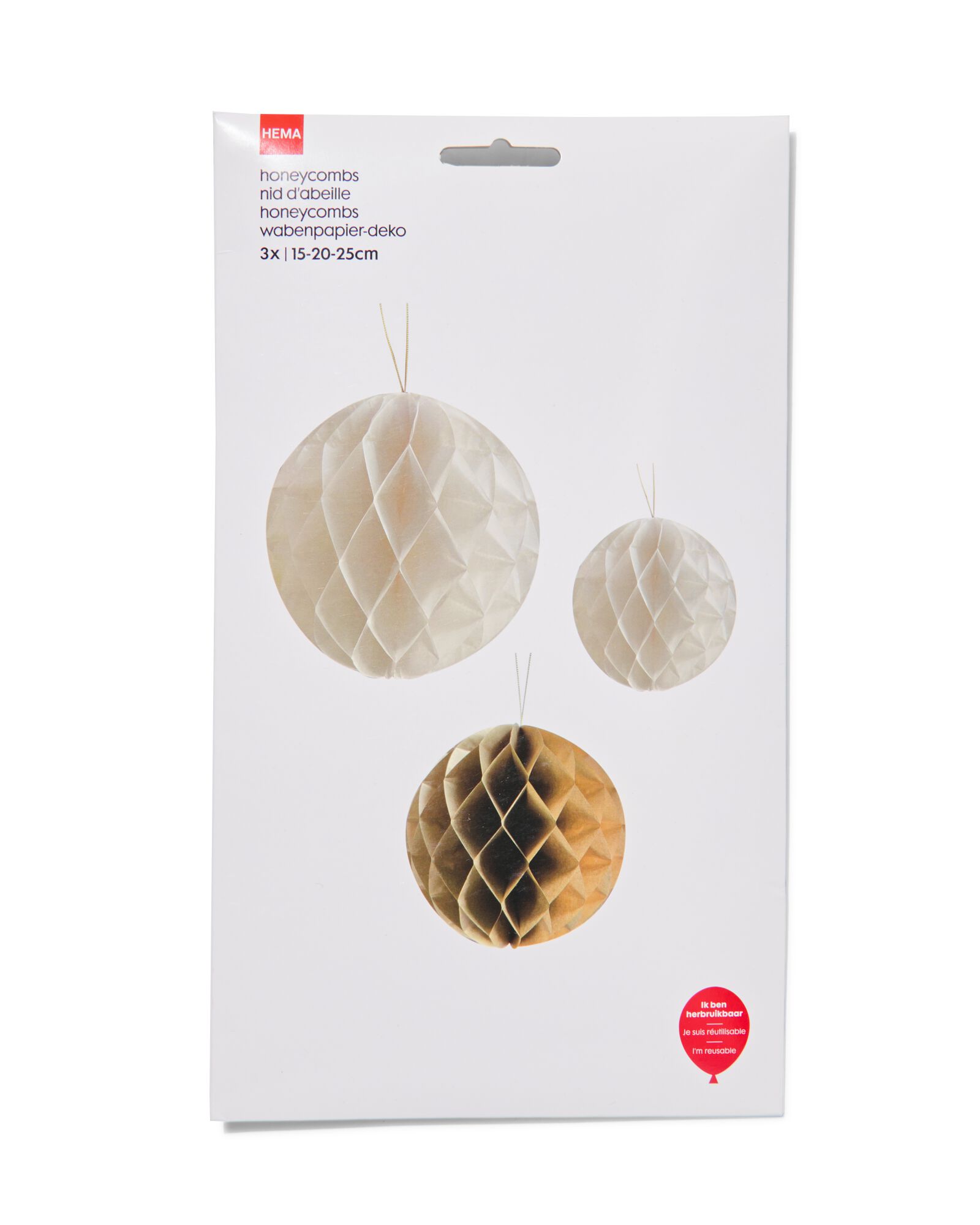 3 décorations en papier alvéolé ballon blanc doré - 14230204 - HEMA