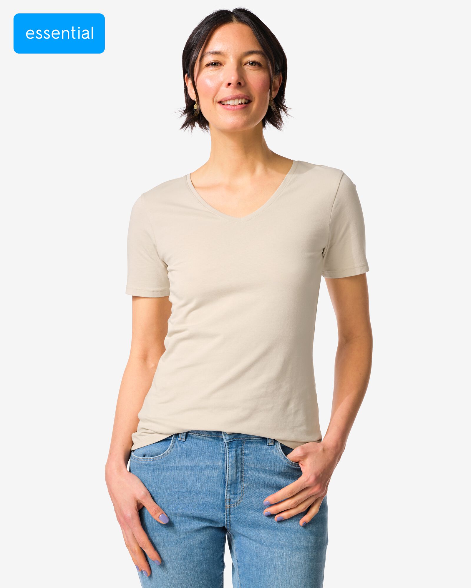 dames T-shirt slim fit v-hals zand zand - 36310960SAND - HEMA