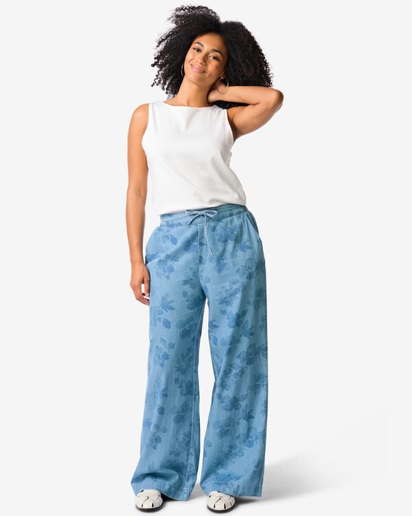 damesbroek Lila wijd bloemen denim denim - 36209040DENIM - HEMA