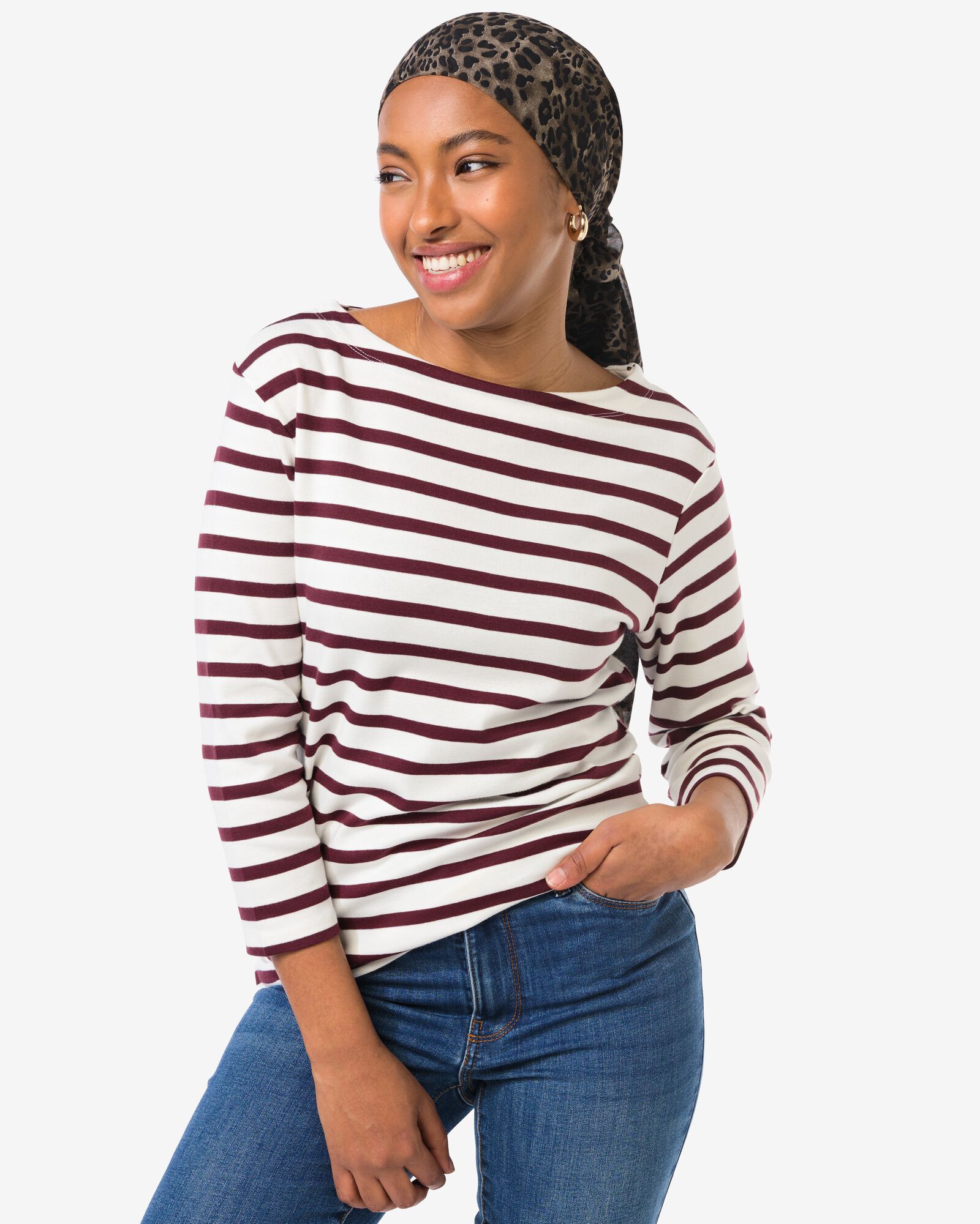 dames T-shirt Cara jersey strepen bordeauxrood bordeauxrood - 36302130BURGUNDYRED - HEMA