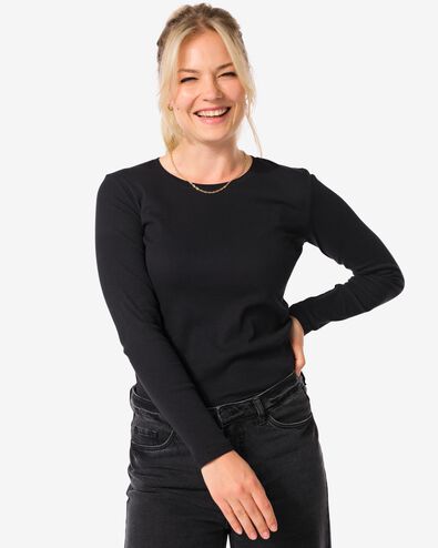 dames T-shirt Clara rib zwart - 36364470BLACK - HEMA